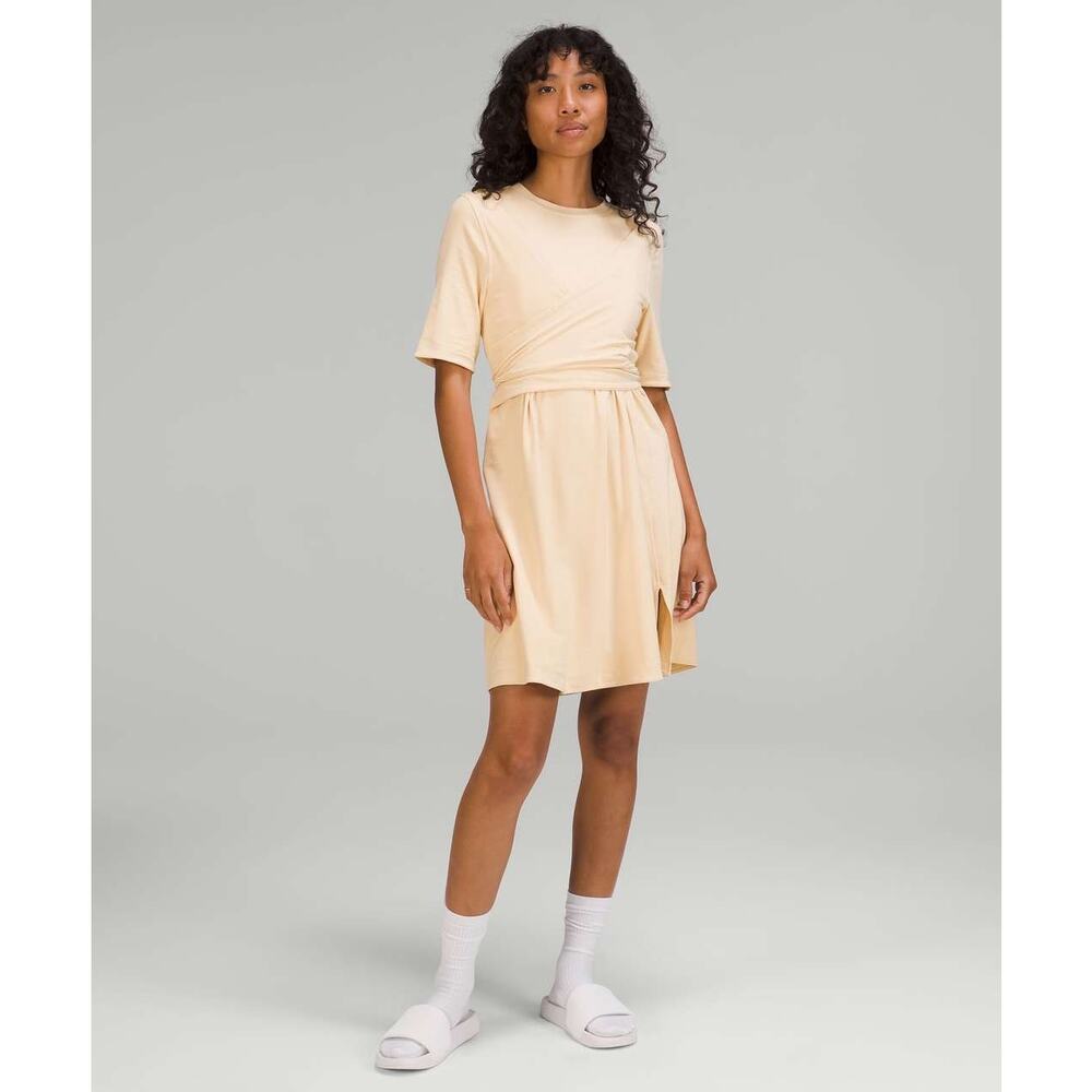 Lululemon Prosecco Yellow Cotton Wrap Front T-Shirt Mini Dress Size 4 Butter